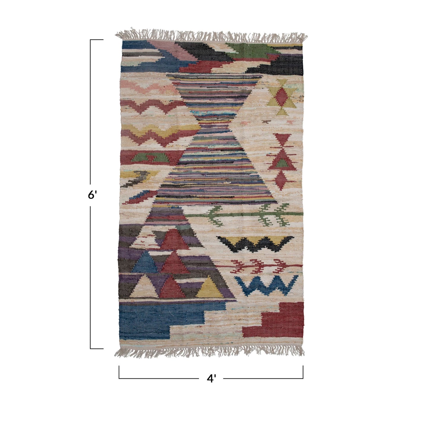 Rug Woven Cotton Aztec Design With Fringe 4'x6' Multi Color
