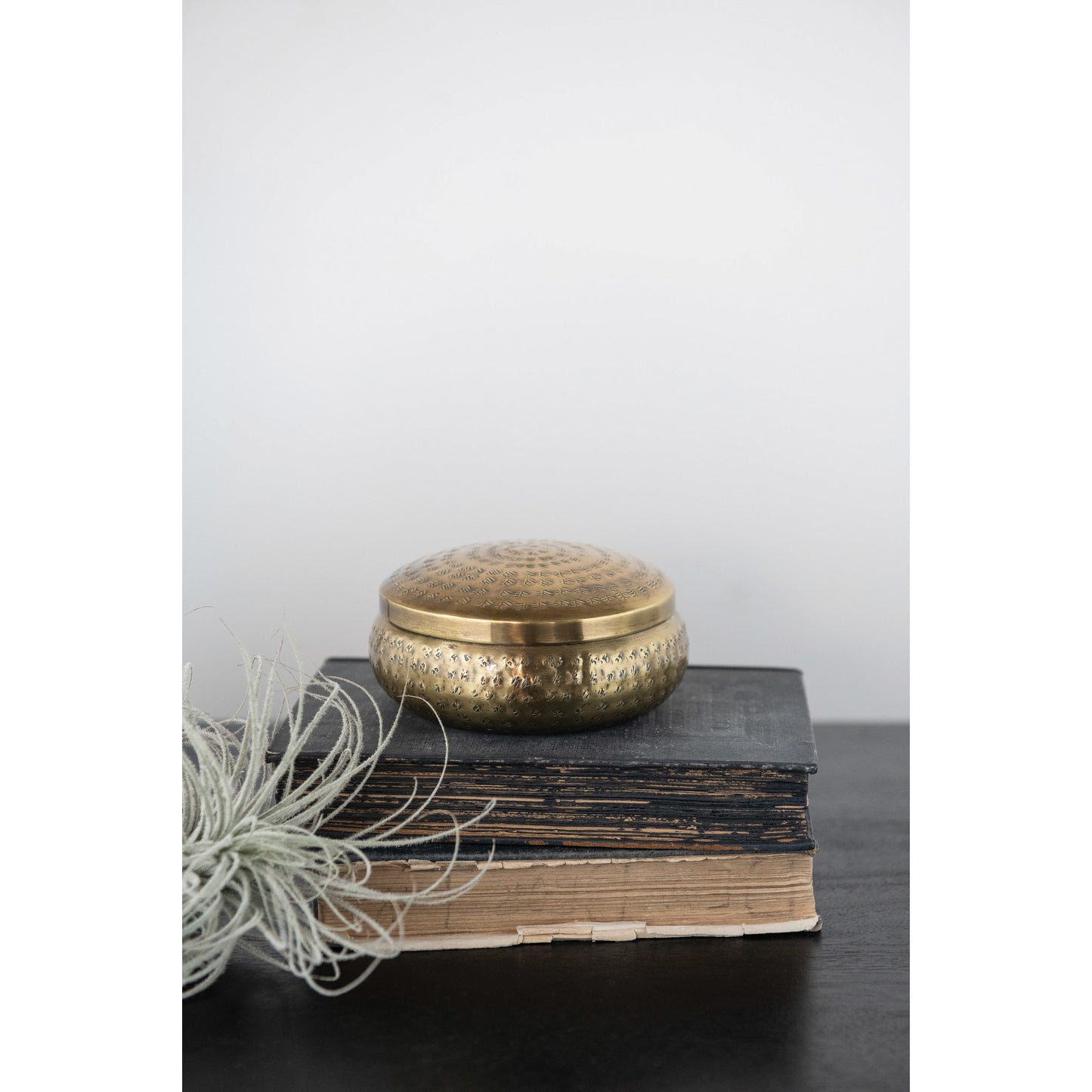 5" Round x 2"H Hammered Metal Container, Brass Finish