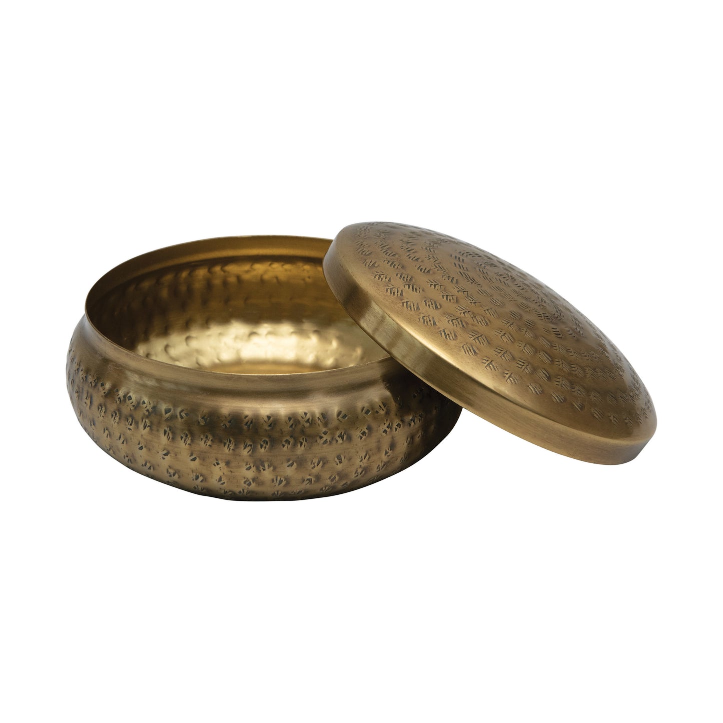 5" Round x 2"H Hammered Metal Container, Brass Finish