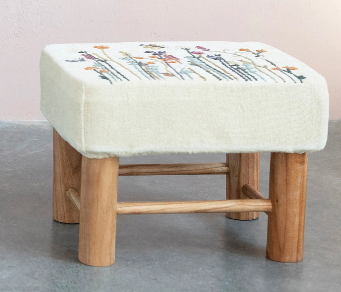 Foot Stool Ottoman Embroidered Floral Top