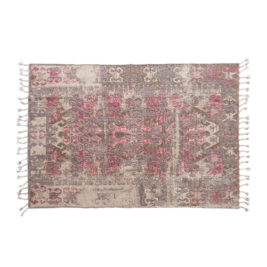 Rug Woven Cotton Distressed Print Braided Fringe Pink, Beige & Brown 4' x 6'