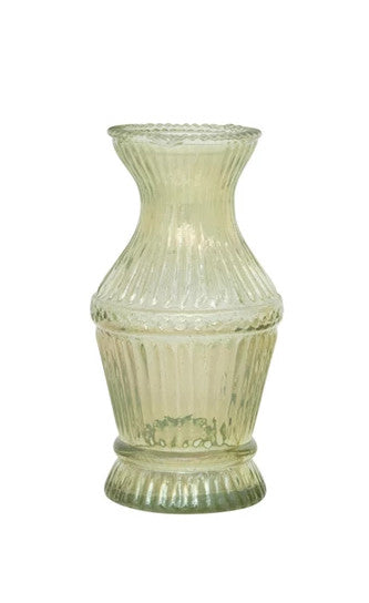 Vase Debossed Glass Green 5" High Medium
