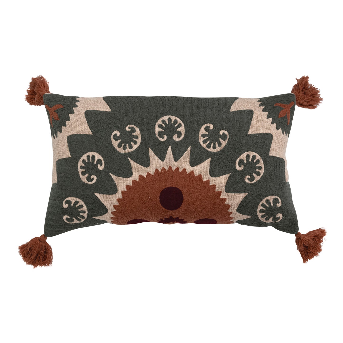 Lumbar Pillow Suzani Embroidery & Tassels Cotton with 28" x 16"