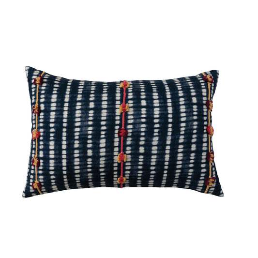 Cotton Slub Printed Lumbar Pillow w/ Embroidered Lines & Chambray Back, Polyester Fill