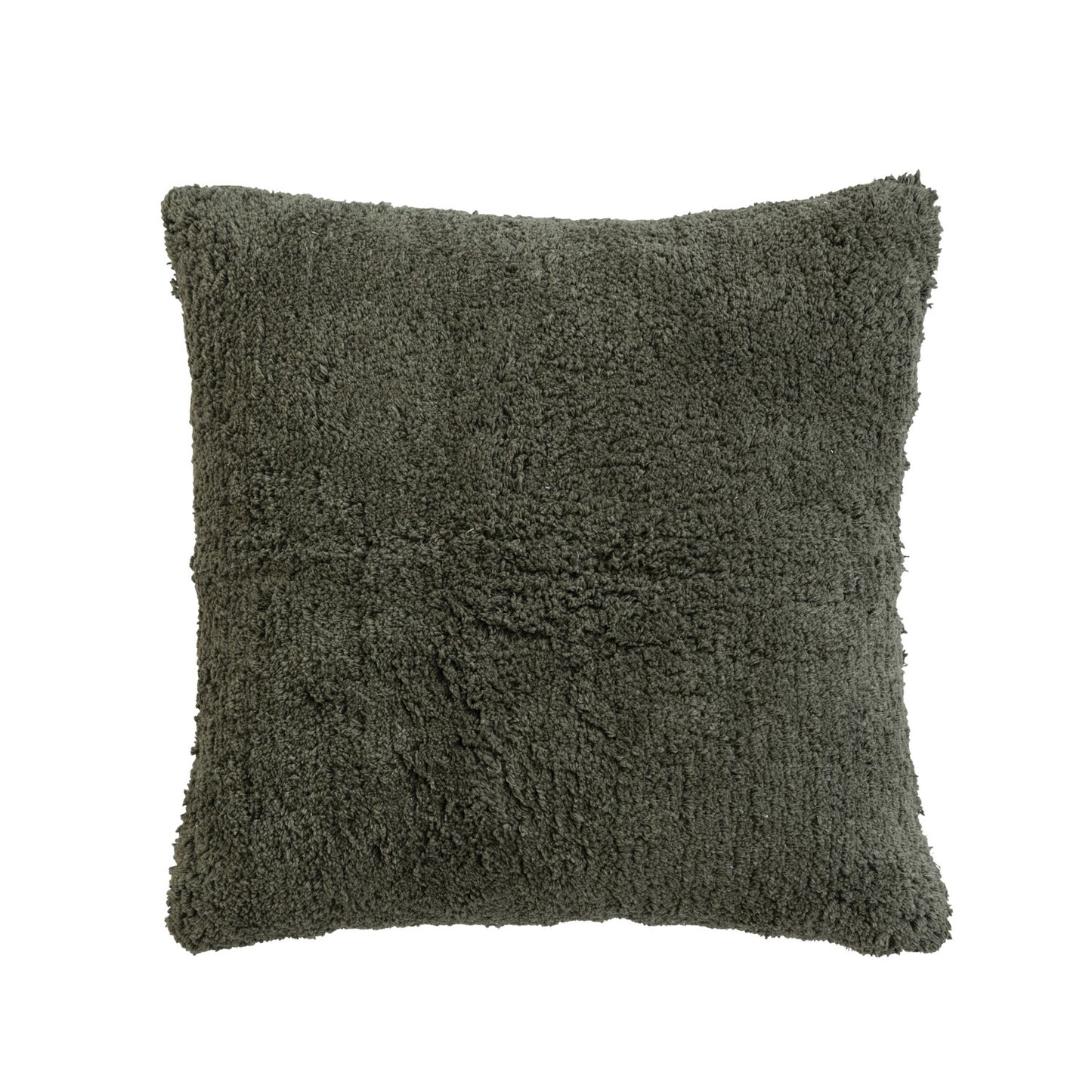 Pillow Cotton Tufted Shag Forest Green w/ Ecru Chambray Back 18" Square