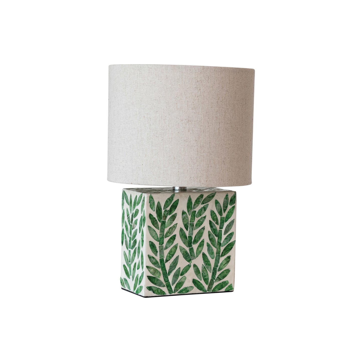 Lamp Tabletop MDF & Mother of Pearl Botanical Pattern Linen Shade