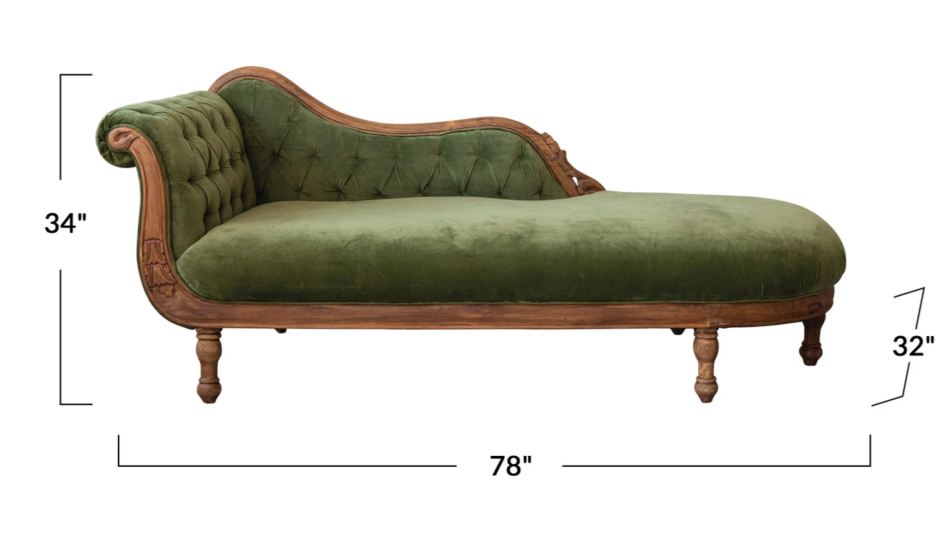 Chaise Lounge Fainting Couch Green Velvet with a Carved Wood Frame