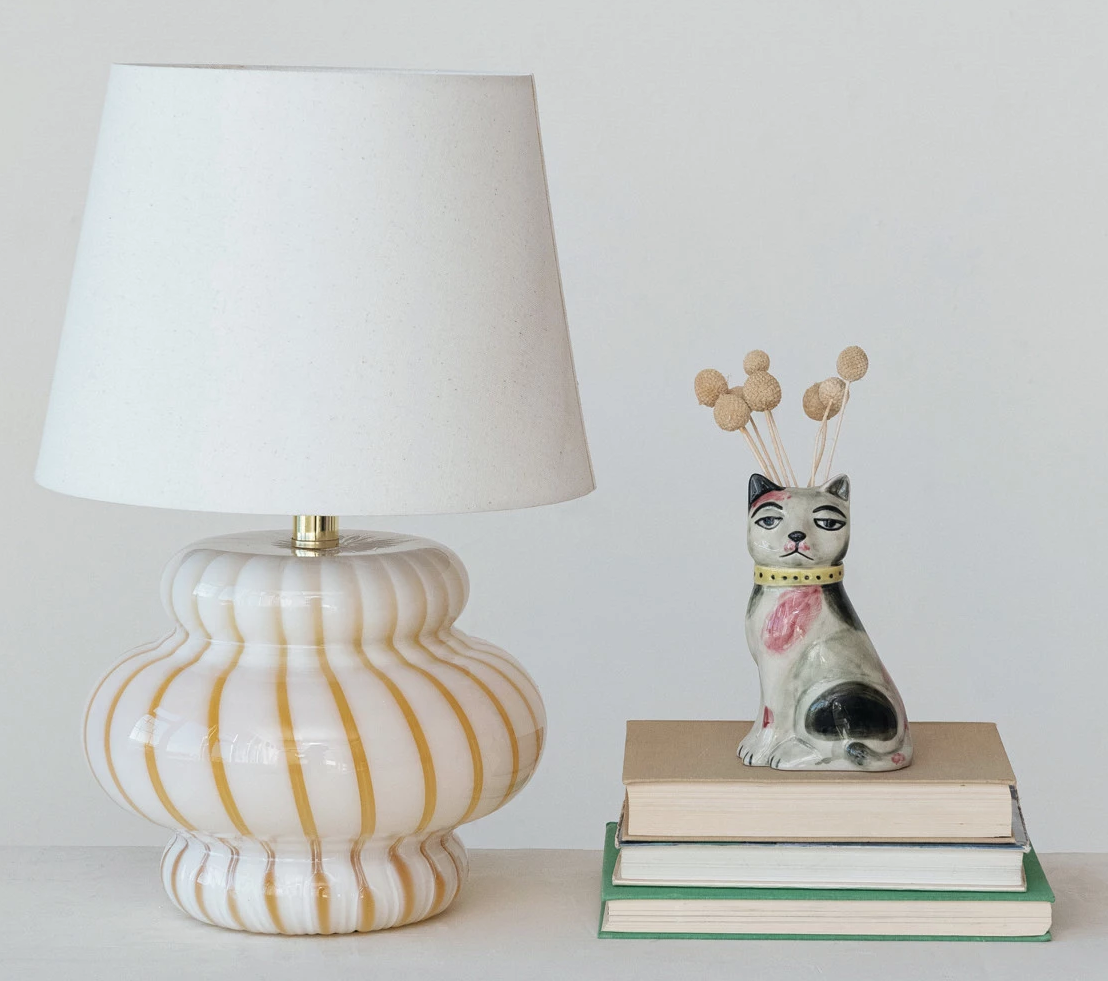 Vase Stoneware Vintage Reproduction Cat White, Pink & Black