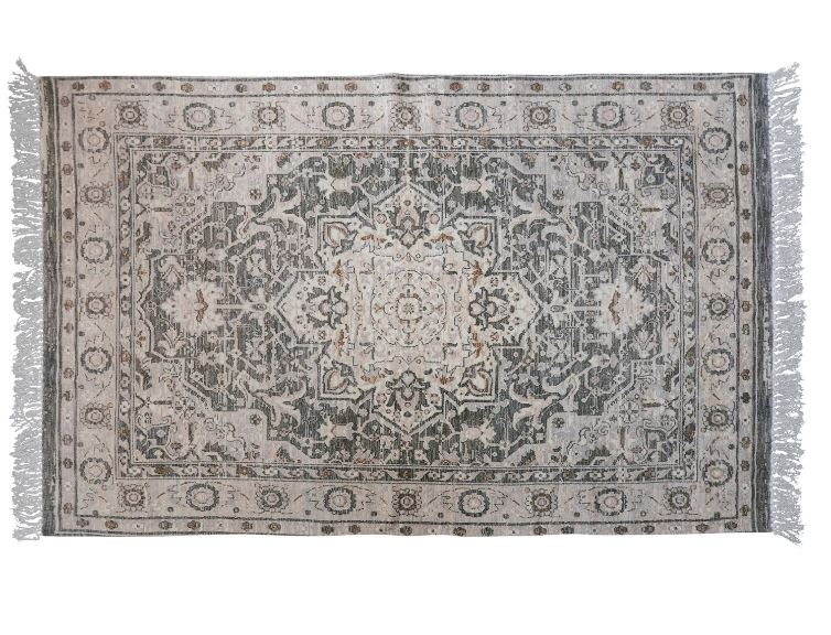 Rug Cotton Printed Dhurrie with Fringe Greens & Taupe 5'X 7'