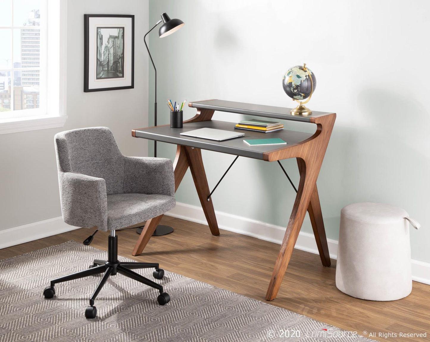 Archer Contemporary Desk in Walnut Wood with Grey Wood Top