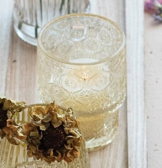 Votive Holder Glass Etched Filigree Design Lt. Yellow - Sold Individually