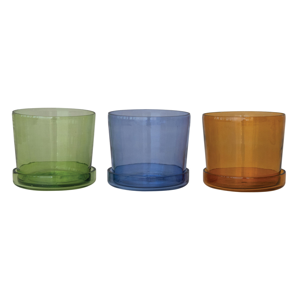 Hand-Blown Recycled Glass Planter w/ Saucer, 3 Colors. Holds 5" Pot. (Set of 2)