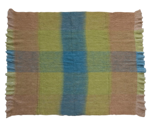 Blanket Woven Acrylic Throw w/ Fringe, Multicolored Plaid 60"L x 50"W