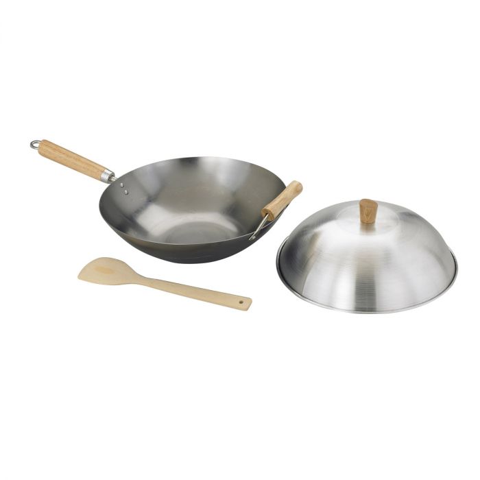 Wok - 13.5" Carbon Steel Fkat Bottom w/Bamboo Handle, 4 Piece Set (Lid, Wok, Spatula, & Cookbook)