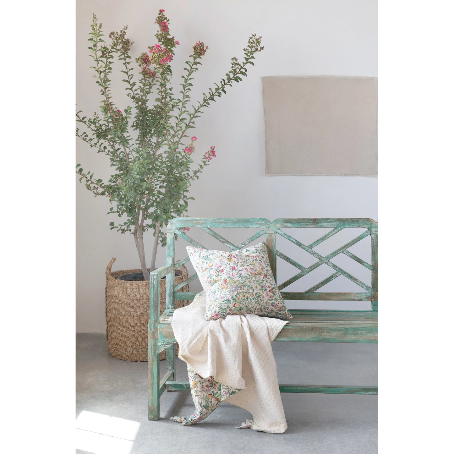 Throw Blanket Quilted Cotton Floral Kantha Stitch w/ Tassels 60 x 50