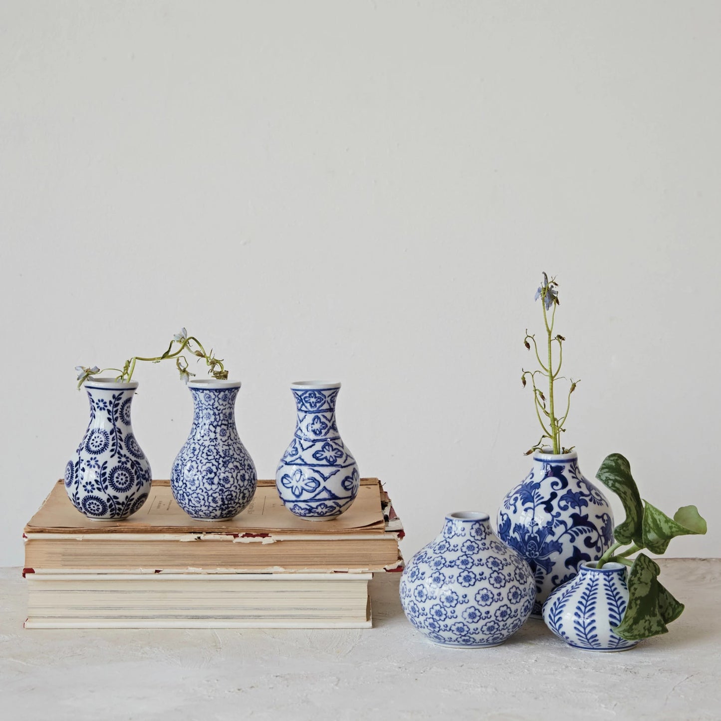 Vase Stoneware Hand-Stamped 3 Styles Blue & White (Sold Individually)