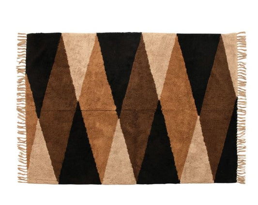 Rug Cotton Tufted Print Browns & Beige Triangle Stripe with Fringe 4' X 6'