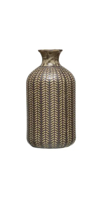 Vase Embossed Stoneware Reactive Glaze Olive Green 7" High Large