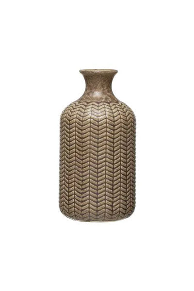 Vase Embossed Stoneware Reactive Glaze Olive Green 5.5" High Medium