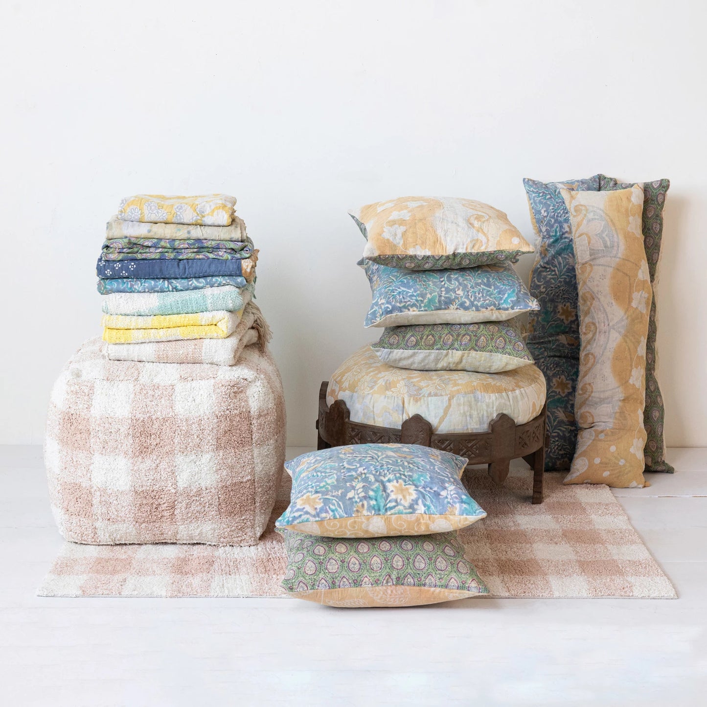 Kantha Stitched Pillow 18" Square - Fabrics & Patterns Will Vary - Reversible