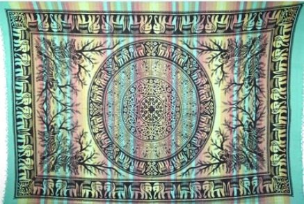 Tapestry Twin Size Overprint Madras Elephant Green