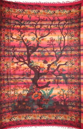 Tapestry Twin Size Overprint Madras Tree Of Life Red