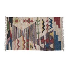 Rug Woven Cotton Aztec Design With Fringe 4'x6' Multi Color