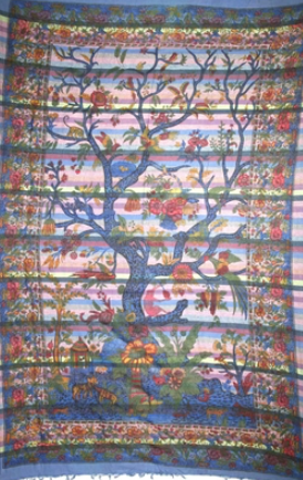 Tapestry Twin Size Overprint Madras Tree Of Life Blue