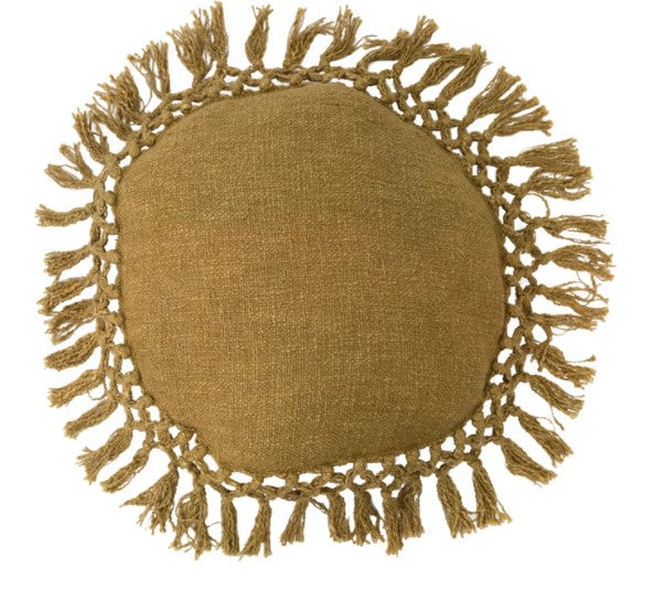 16" Round Cotton Slub Pillow w/ Crochet & Fringe, Chartreuse