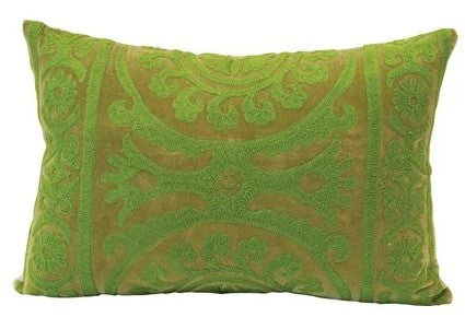 20"L x 14"H Cotton Velvet Lumbar Pillow w/ Embroidery, Green