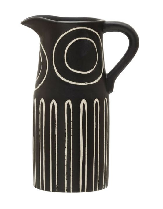 Pitcher Stoneware Debossed Black With White Circles 6.75" High