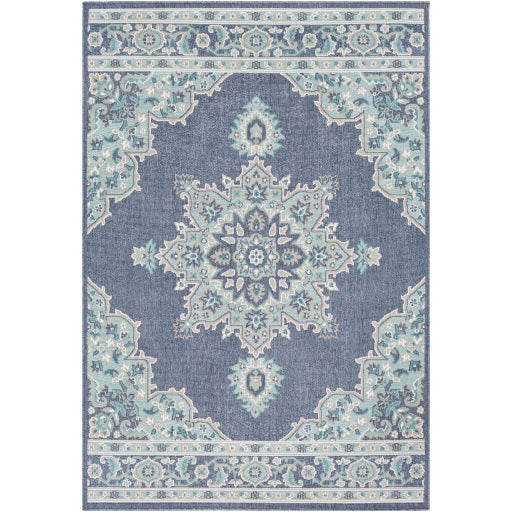 Alfresco Navy Background Teal Aqua Accents Outdoor Rug 3'7" X 5'7"