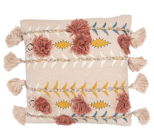 Pillow Cotton Blend Embroidered & Applique With Side Tassels Pink, Cream & Gold 20" Square