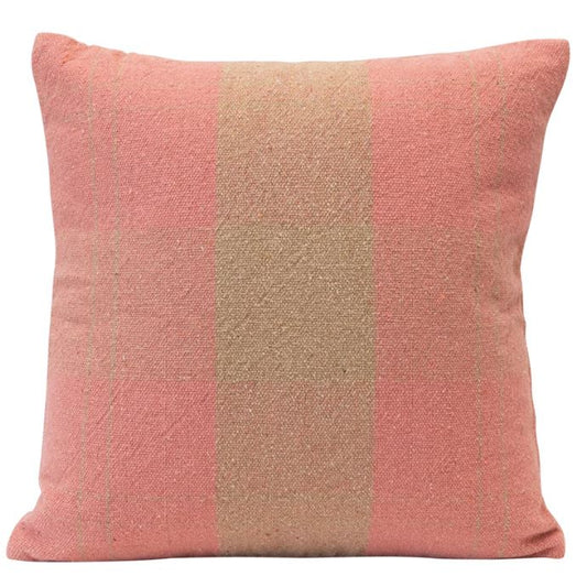 Pillow Recycled Cotton Blend Plaid Pink & Tan 20" Square