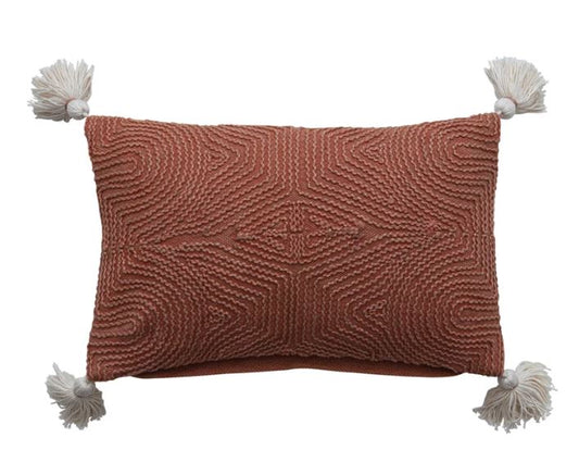 Pillow Lumbar Cotton Embroidered With Tassels Terracotta 10" x 16"