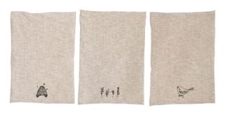 Linen & Cotton Slub Embroidered Tea Towel, Natural & Black, 3 Styles