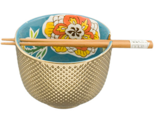 Bowl Gold and Flower With Chopsticks