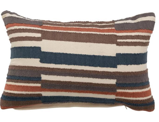Pillow Lumbar Cotton Embroidered Stripes Orange, Brown & Navy 14" x 19"