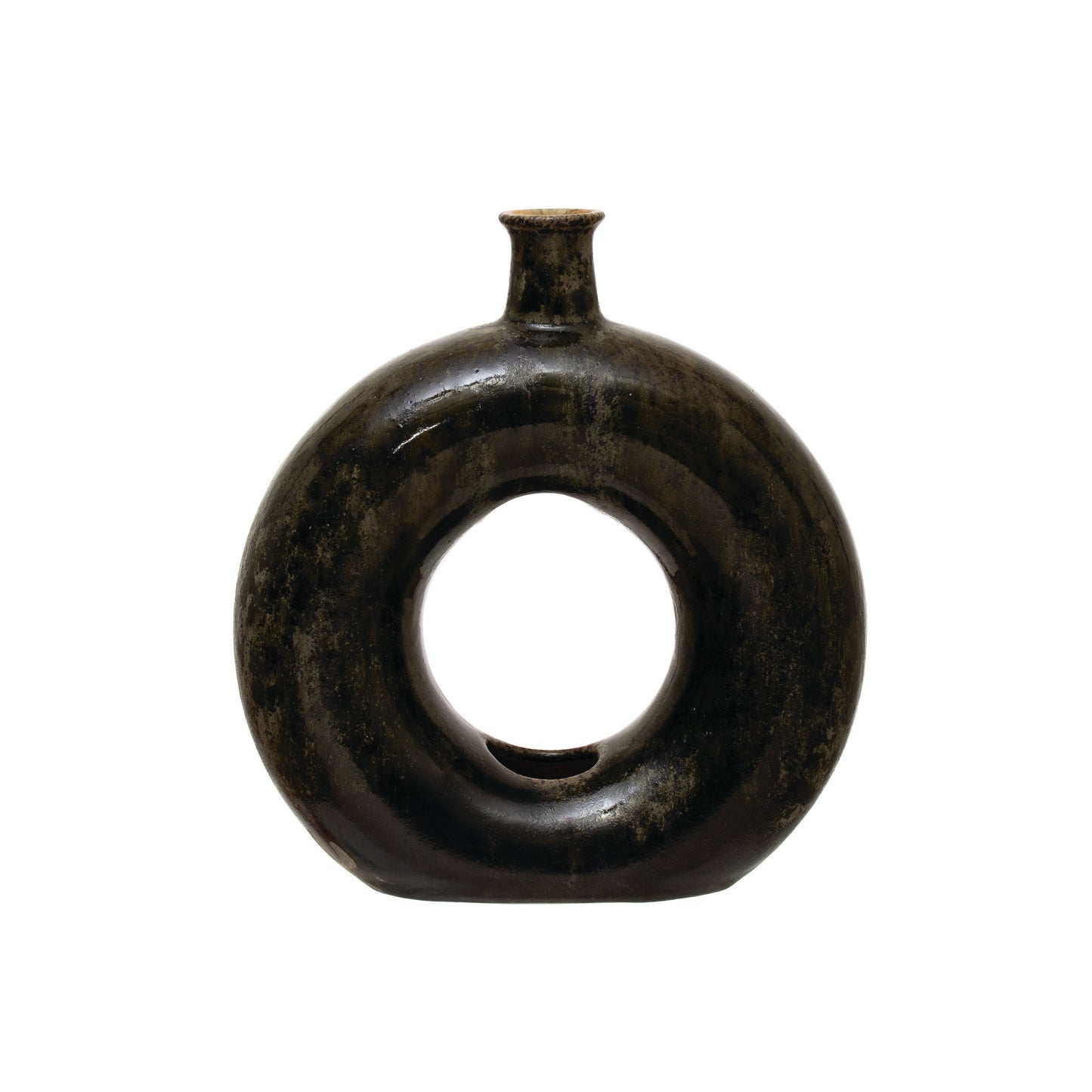 Vase Stoneware Open Circle Olive Green & Black