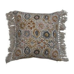 Throw Pillow Square Stonewashed Cotton Blend w/Pattern & Fringe 20" Multi Color