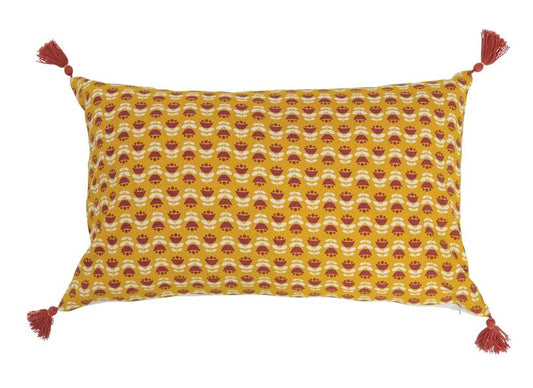 Pillow Lumbar Cotton Slub Floral Pattern With Tassels Rust & Mustard 16" x 26"