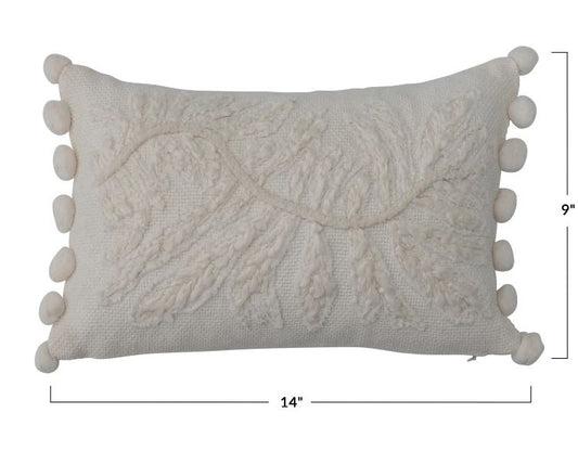 Pillow Lumbar Cotton Embroidered White with Poms