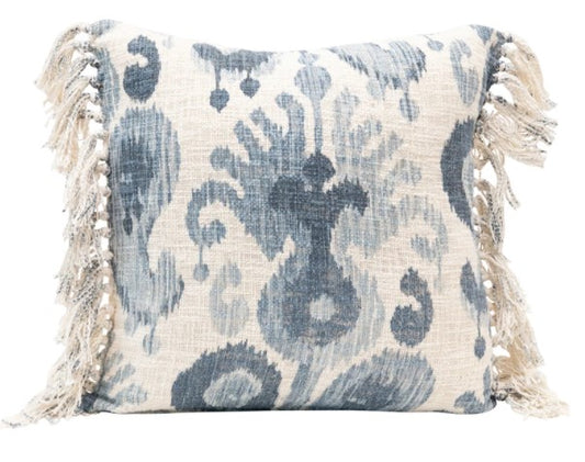 20" Square Stonewashed Woven Cotton Blend Pillow w/ Ikat Pattern & Fringe, Blue & Cream Color