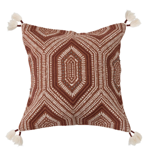 Throw Pillow Square Cotton Embroidered Rust Brown & Sage 18"