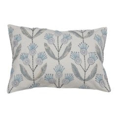 Lumbar Pillow Cotton Embroidered w/Flowers White Blue & Grey