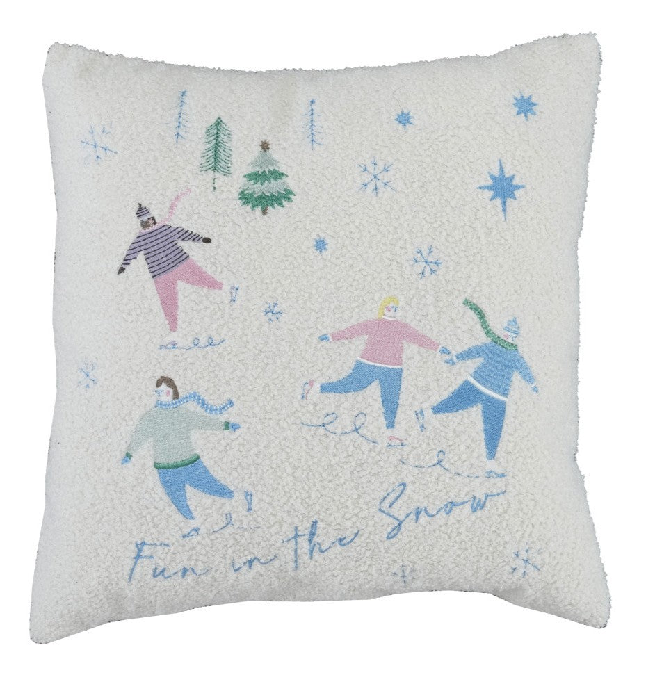 Pillow Holiday Faux Sherpa Embroidered Ice Skaters 18" Square