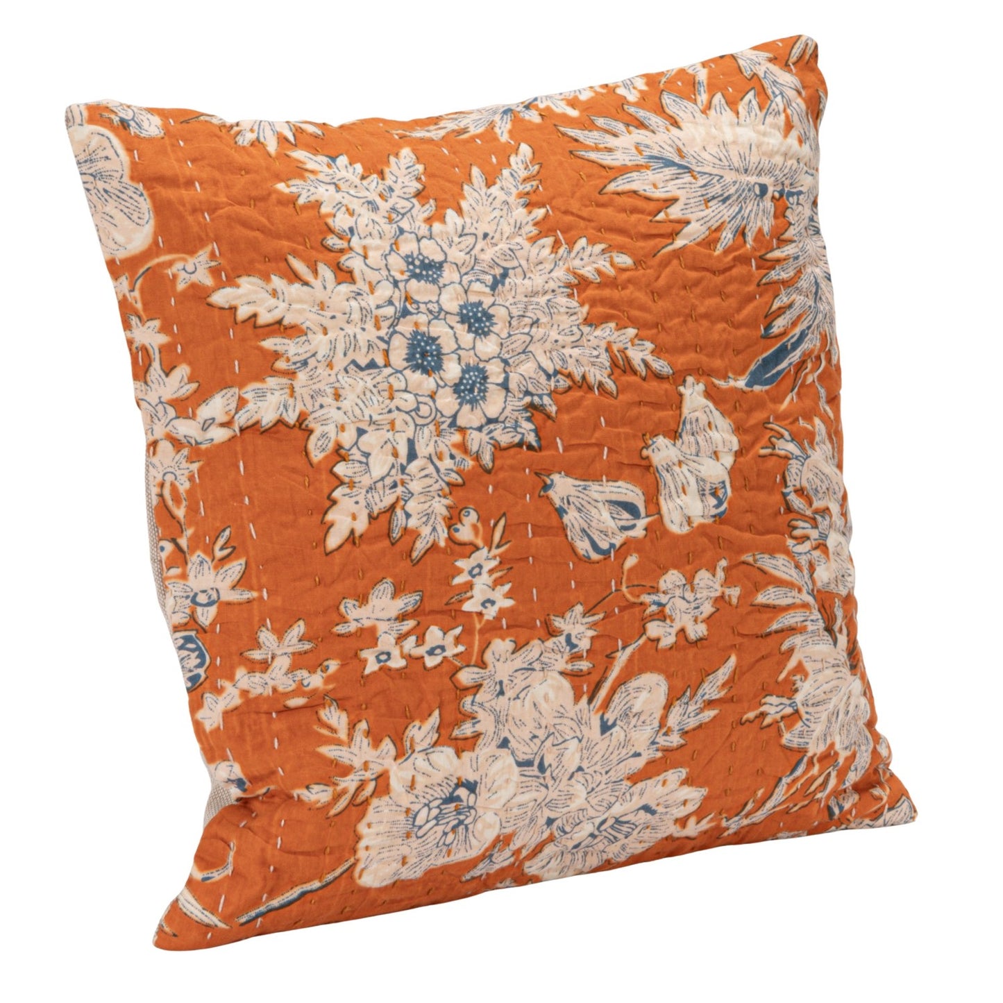 Pillow Cotton Voile Kantha Stitched Floral Orange 12" Square