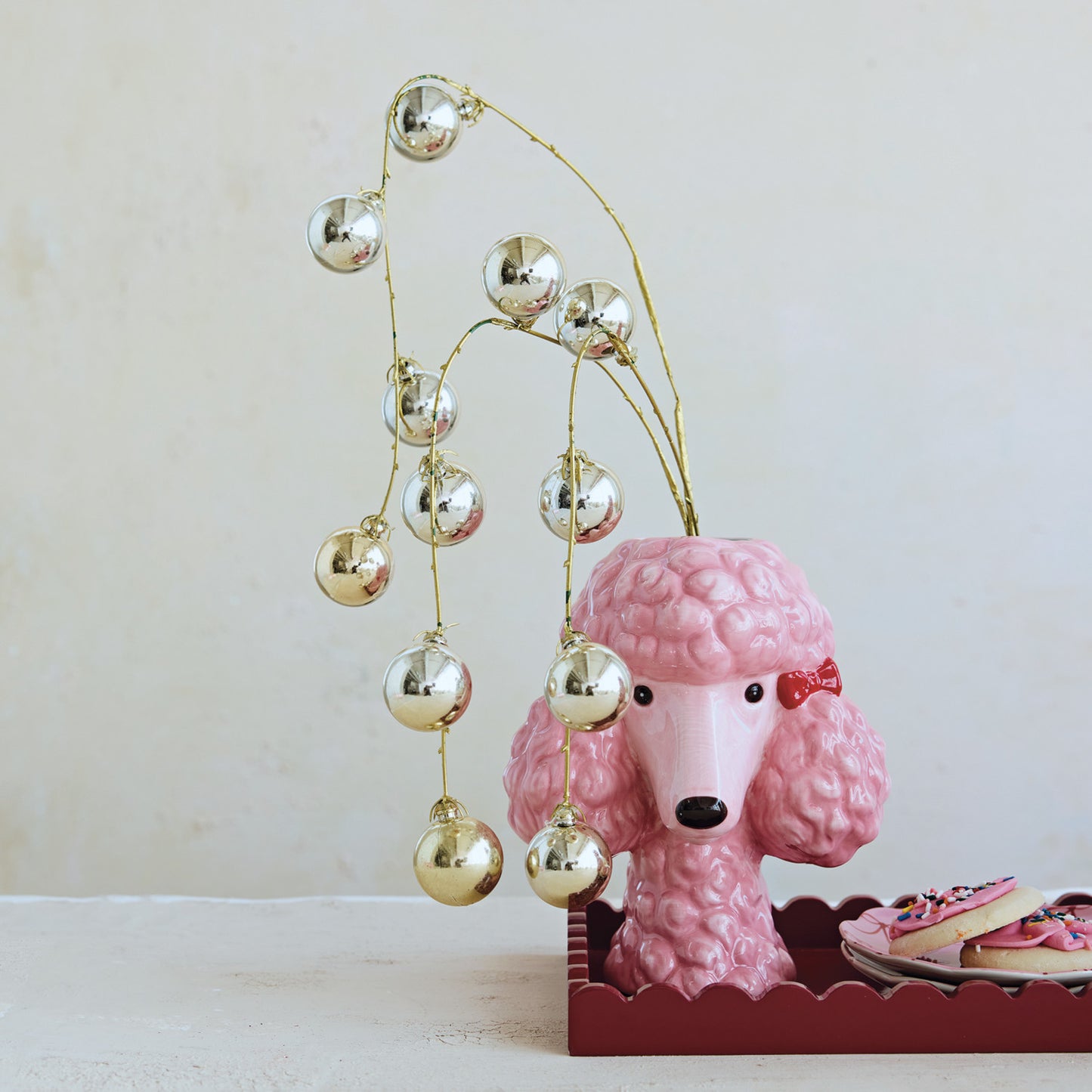 Vase Ceramic Poodle Head Shaped Pink with Red Bows 8"h