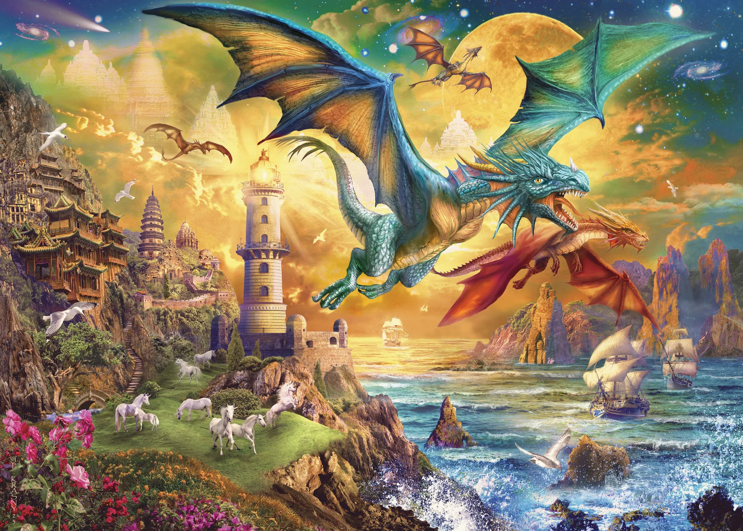 Puzzle 1000 Piece Land of Dragons with Gold Foil Highlights