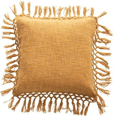 Pillow Cotton Slub  With Crochet Edge & Fringe Mustard 20" Square